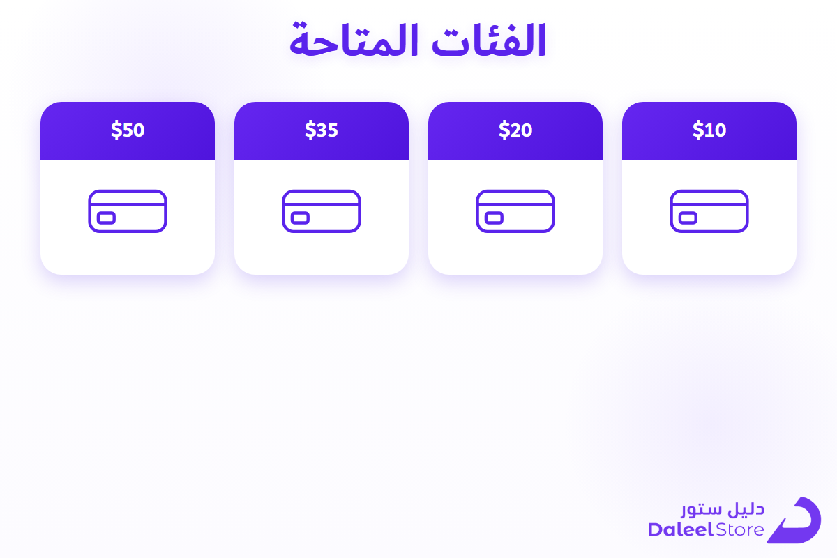 فئات بطاقات Nintendo eShop المتاحة من دليل ستور بقيم $10 و$20 و$35 و$50