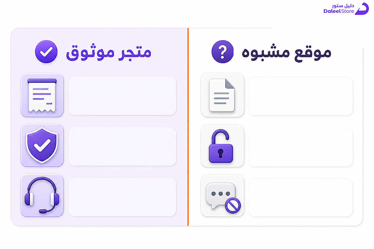 جدول مقارنة بين المتجر الموثوق والموقع المشبوه عند شراء عملات الألعاب
