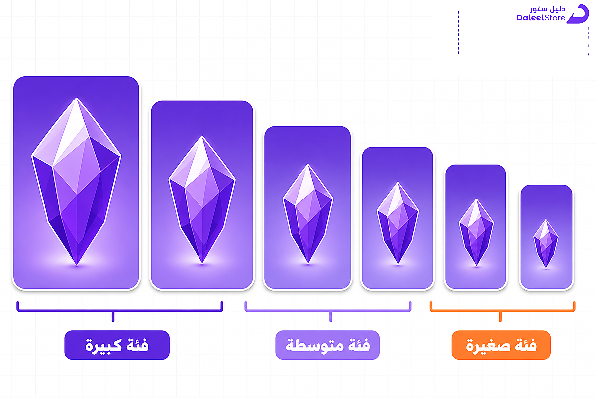 شبكة من ست بطاقات متدرجة الحجم توضح فئات شحن عملة اللعبة من الصغيرة إلى الكبيرة