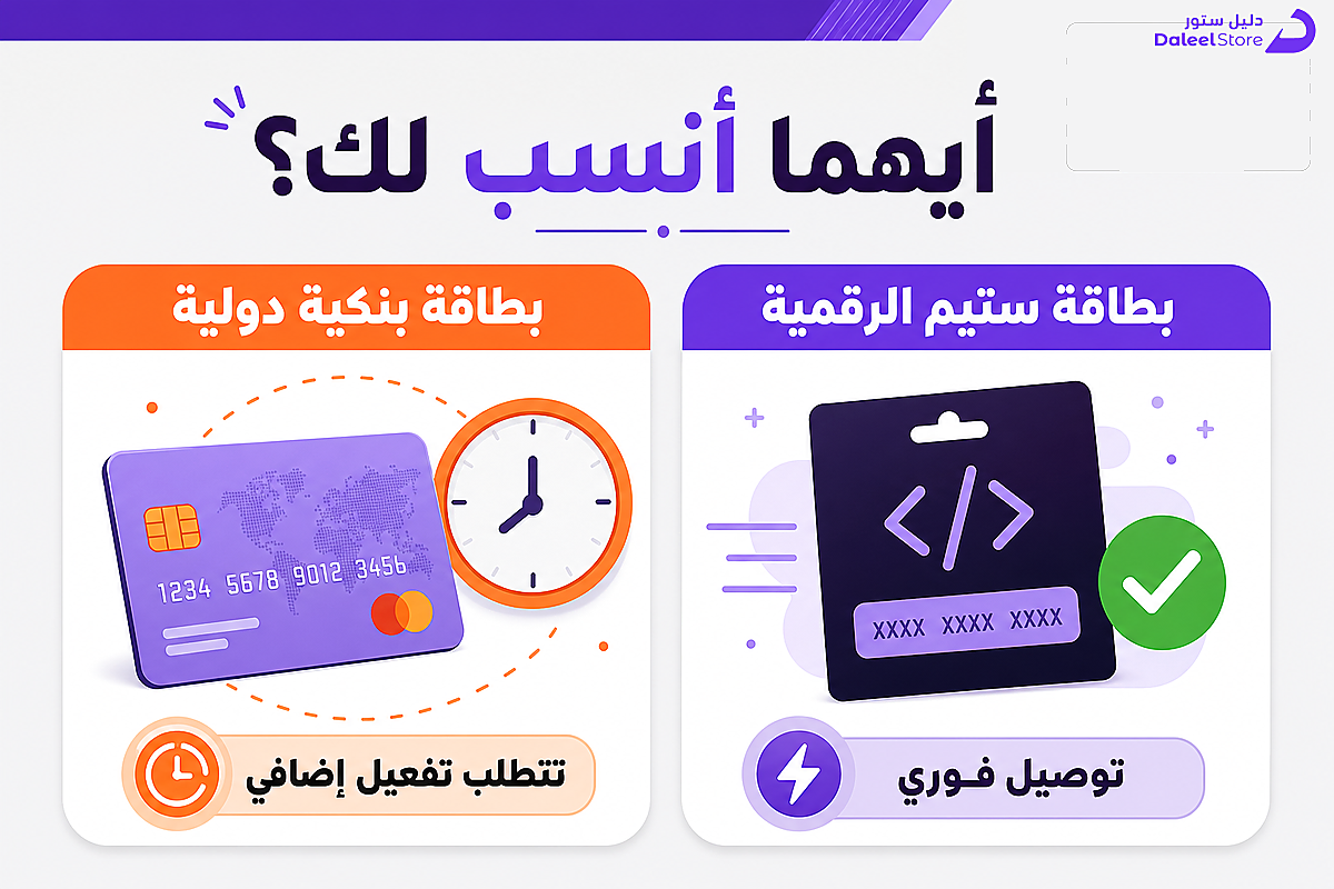 مقارنة بين طرق الدفع المختلفة في ستيم من حيث الحاجة لبطاقة بنكية وسرعة التفعيل