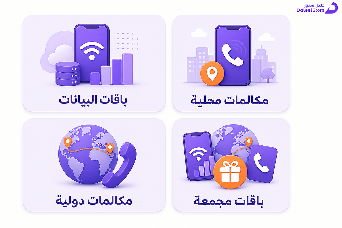 شبكة توضح أربعة أنواع من باقات فرندي، بيانات ومكالمات محلية ودولية وباقات مجمعة